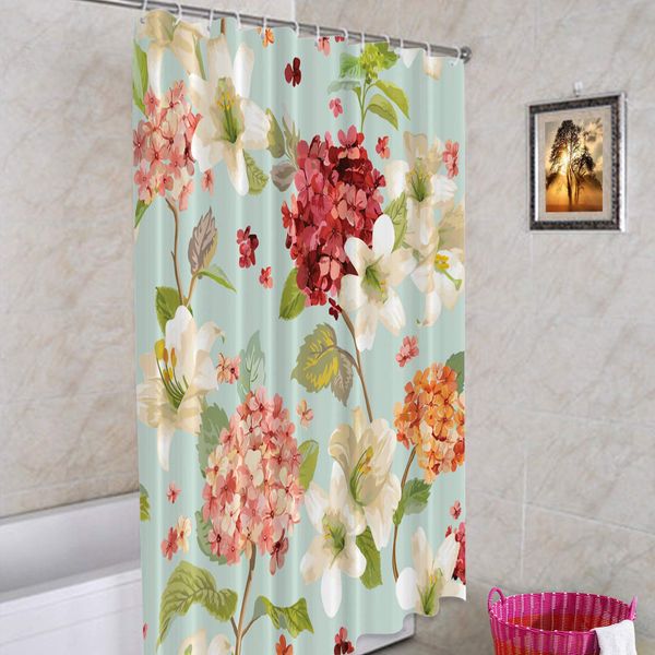 

autumn flowers floral decorative shower curtain, bloom autumn hortensia and lily flowers floral shabby cute long wide with rust