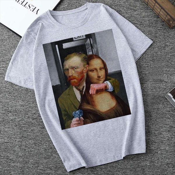 

summer clothing vogue print van womens gogh mona lisa fun spoof personality aesthetic harajuku casual loose tees, White