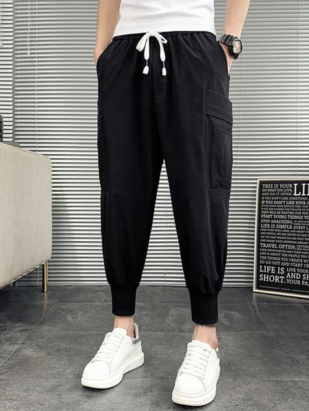 

men slant pocket drawstring waist pants 22ro#, Black