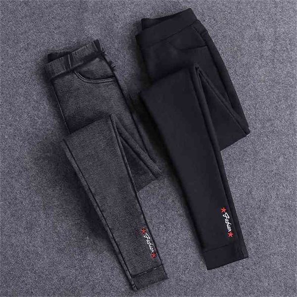 Sexy Bordado Sólido Lápis Calças Comprimento Feminino Leggings Cintura Alta Cintura Calças Estiramento Feminino Casual Wear Washed Black 210915