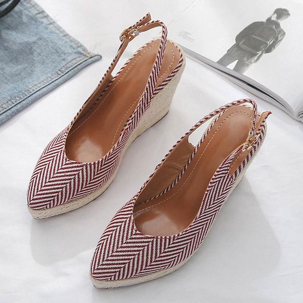 

sandals high heel wedge women's women pointed toe straw shoes 2021 fashion style platform party ankle buckle plaid shoe, Black