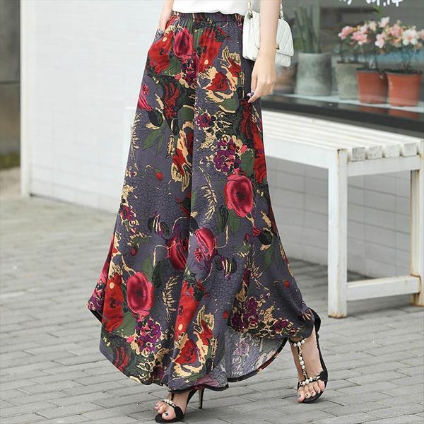 

floral print long womens capri wide leg casual loose skirt high waist plus size female trousers with pockets, Black;white