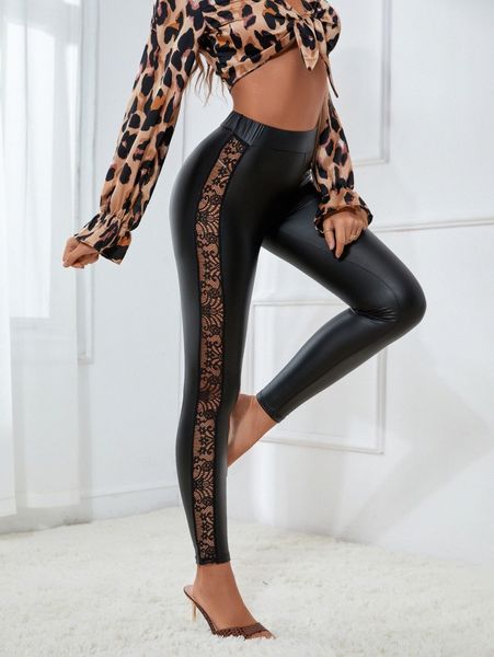 

contrast lace side seam pu leather leggings m2gf#, Black