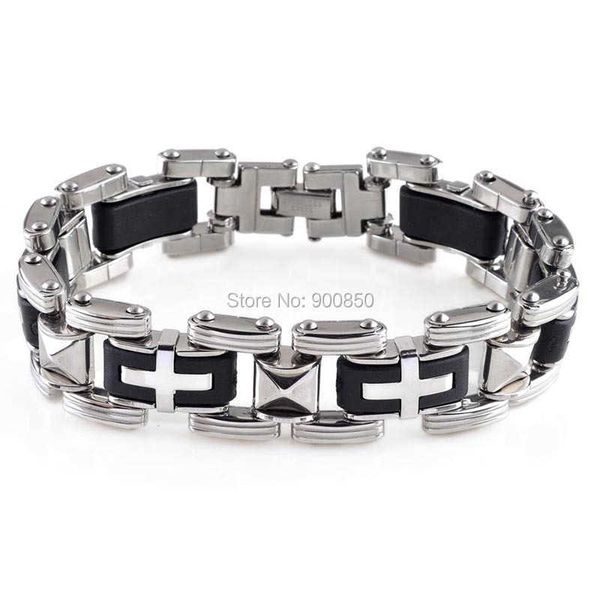 Modeschmuck Männer Kreuz Edelstahl Schwarz Gummi Armband Armreif Armband Männlich Silizium Edelstahl Armbänder Q0719