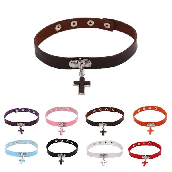 

lady stylish fashion lovely cross decoration collar necklace vacation jewelry pu leather chokers, Golden;silver