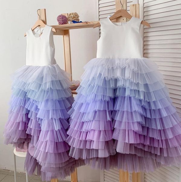 

ombre lanvender backless flower girl dresses for a line tiered wedding pageant gowns tulle floor length first communion dress, White;blue
