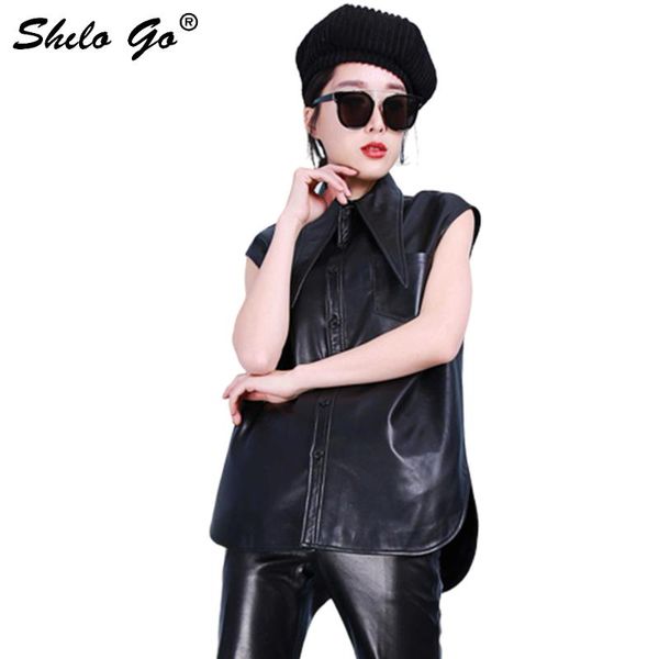 

women's vests leather vest womens summer fashion sheepskin genuine lapel collar sleeveless single breasted straight, Black;white