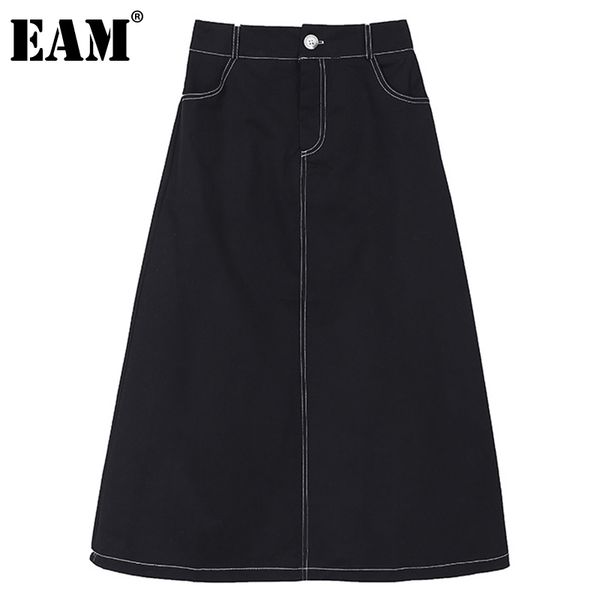 

[eam] high elastic waist black big size denim patchwork half-body a-line skirt women loose fashion summer 1dd6510 21512