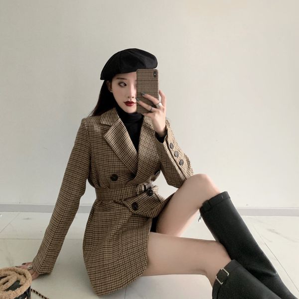 

autumn and winter female temperament plaid small suit belt woolen casual jacket 210514, Black