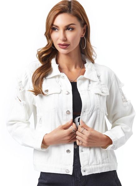 

high street fashion ladies denim jacket slim fit casual women's spring clothing ripped white jean coat chaquetas de mujer jackets, Black;brown