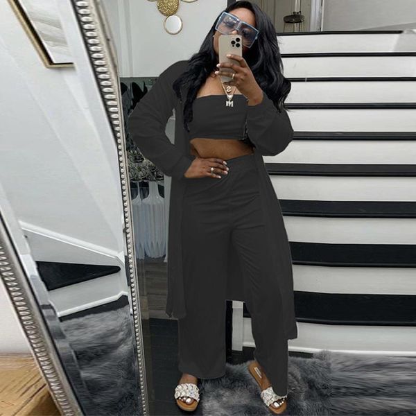 

spring summer 3 piece outfits women strapless crop wide leg trousers+long sleeve coat fashionable female clothes women's two pants, White