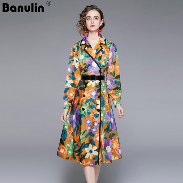 

women's trench coats runway designer autumn winter vintage long coat sleeve painted print double breasted overcoat outwear, Tan;black