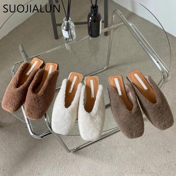 

fur slippers women slip on slides shallow square toe mules winter warm home slipper plush flip flops flat shoes, Black