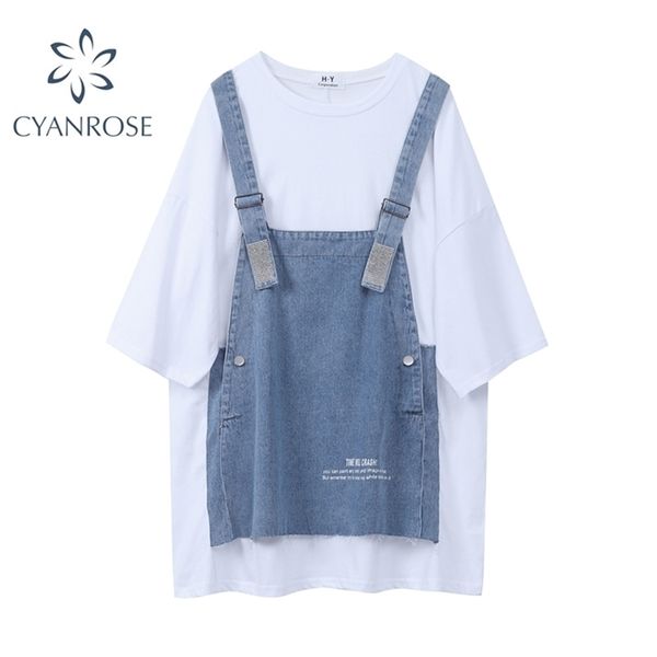 

fashion oversized t-shirts for women autumn o-neck long sleeve harajuku korean style patchwork denim female clothes 210515, White