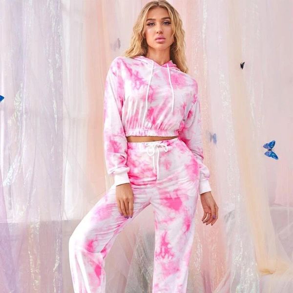 

y2k spring tie dye sport sets women streetwear causal print tracksuit hooded sweatshirt & pants plus size two piece suits 210515, White