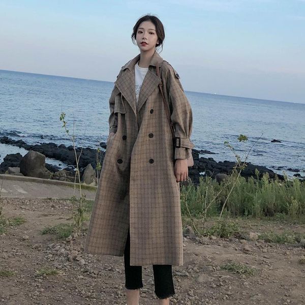

women's trench coats korean style les coat plaid long double breasted belted oversize loose women duster outerwear with flaps, Tan;black