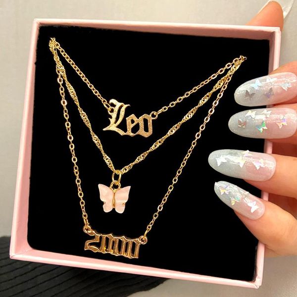 

trendy stainless steel letter birth number pendant necklace for women multilayer acrylic butterfly choker necklaces boho jewelry chains, Silver