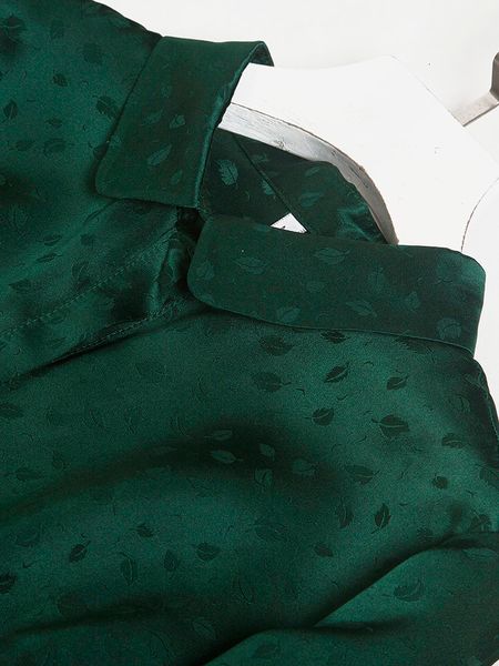 

blouses heavy satin dark green small leaf jacquard mulberry long sleeve hidden placket silk shirt, White