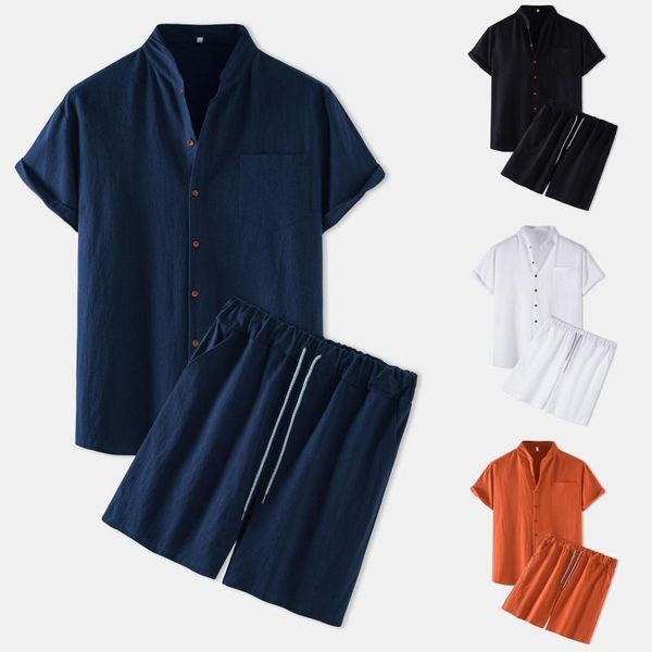 

gym clothing men's linen suit 2-piece set round neck solid color short-sleeved t-shirt shorts summer fashion casual drawstring s-xxl, White;black