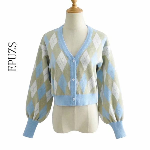 

cardigan sweater vintage v-neck argyle long sleeve knitted fashion slim sweet cute elegant warm chic autumn winter 210521, White