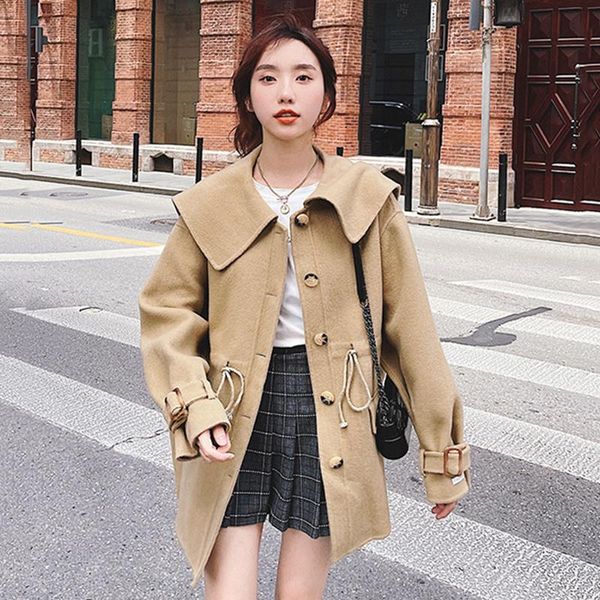 

women's wool & blends [ewq] 2021 winter lapel drawsting woolen coat female long sleeve single breasted fashion clothing 2w1473, Black
