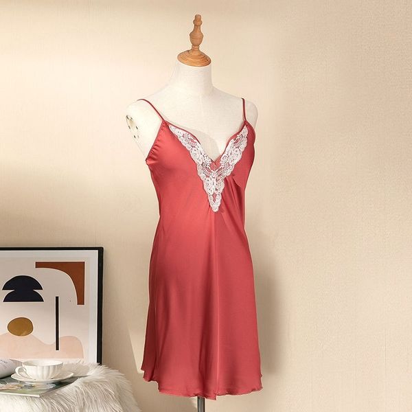 

women's sleepwear nightgown women satin ice silk chemise nightwear v-neck night sleevless intimate lingerie female avxg, Black;red