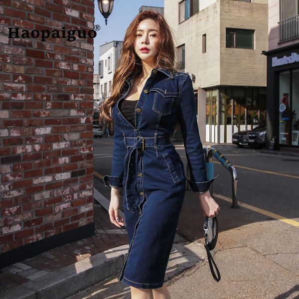 

casual dresses plus size solid pencil dress women blue long sleeve turn-down collar knee-length punk denim office autumn, Black;gray