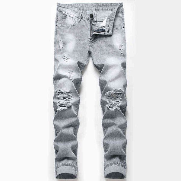 Shredded Hip-Hop Jeans Homens Zipper Skinny Jeans Homens de Algodão de Algodão de Algodão Homens Destruído Longo Furos rasgados G0104