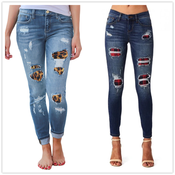 

sale womens ripped leopard print jeans fashion stretch skinny denim pencil pant street casual hipster jeans s-2xl, Blue