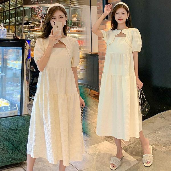 

maternity dresses 875# dress short sleeve solid color midi plus size pregnancy large pregnant woman mom, White