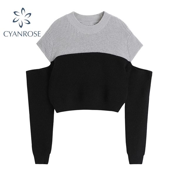 

off shoulder rib sweater women irregular patchwork contrast color retro pullover knitwear korean elegant long sleeve knitted 210430, White;black