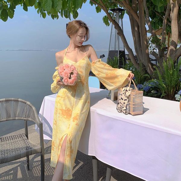 

casual dresses woman summer elegant long dress 2021 french v-neck backless strapless non removable sleeve yellow print party, Black;gray