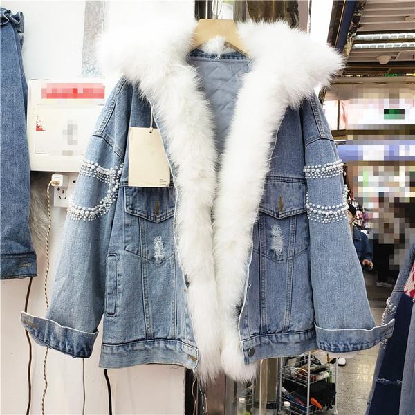 

women's jackets 2021 autumn and winter fashion one-dress two-wear pie overcoming beaded thickened denim raccoon fur coat female, Black;brown