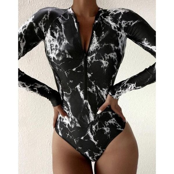 

one-piece suits summer print zipper one piece swimsuit closed long sleeve swimwear sports surfing women's swimming bathing suit beach b