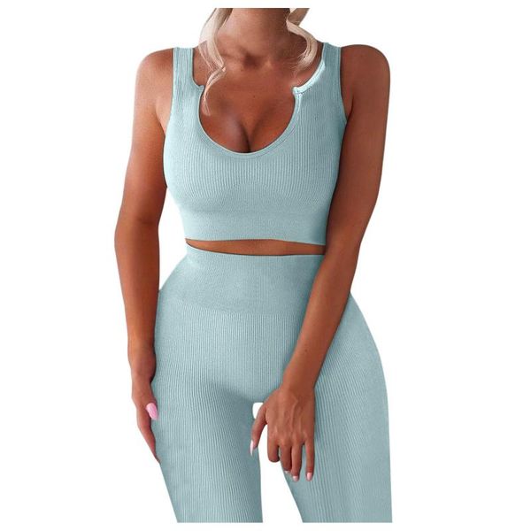 

yoga outfit women sport set two-piece sleeveless seamless ribbed crop tank high waist pants sets conjunto deportivo mujer