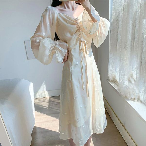 

casual dresses white square collar high waist mid-length dress korean retro gentle women long flare sleeve embroidery 12912, Black;gray