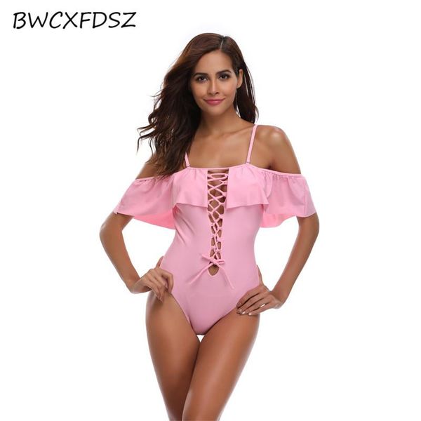 

one-piece suits bwcxfdsz ruffle swimsuit one piece swimwear triquini trikini women solid color bandage swimming bathing suit monokini bodysu