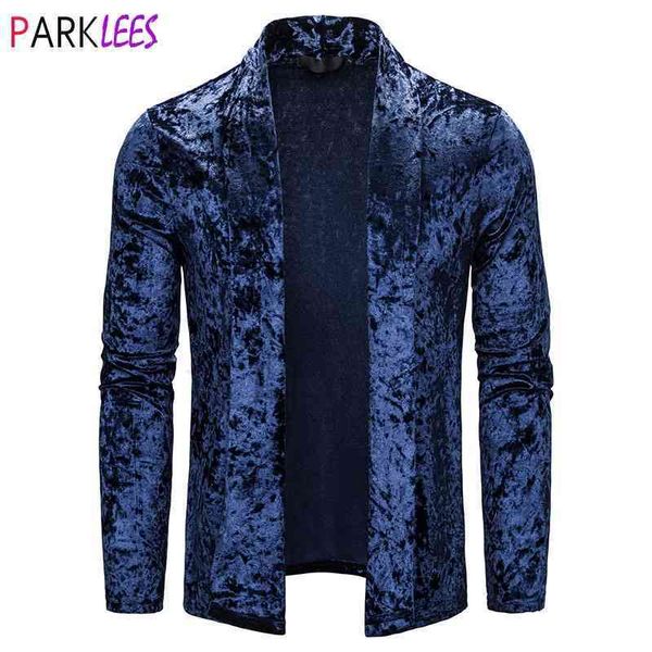 Royal Blue Velvet Велюр Кардиган Свитер Мужчины Осень Мода Шаль Воротник Slim Fit Мужские Свитера Пальто Открытый Фронт Потяните Homme 210522