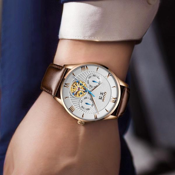 

men tourbillon watch waterproof automatic mens mechanical watches leather band fashion casual wristwatches, Slivery;brown
