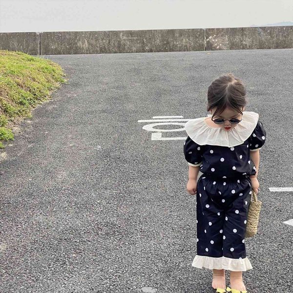 

7864 baby girl clothes dot suit summer korean polka 2 pieces doll collar shirt pant 1 7t kids clothing set, White