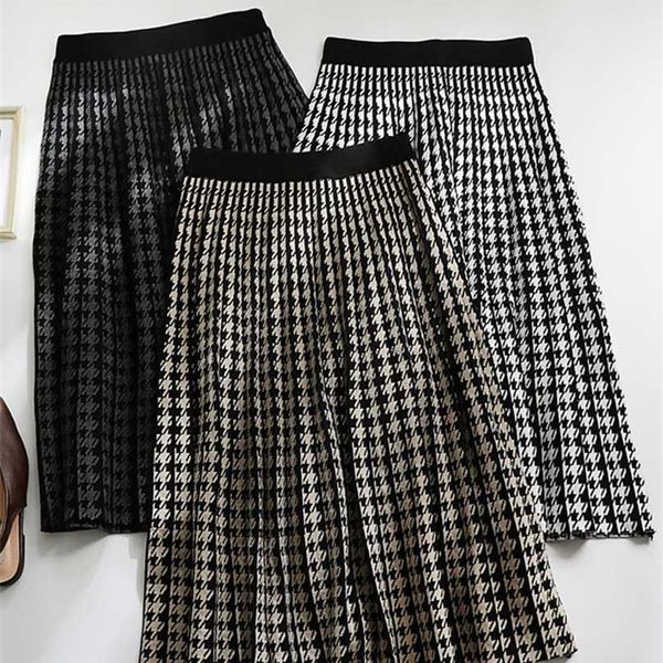 

surmiitro autumn winter knitted midi long pleated skirt women korean style houndstooth mid-length high waist female 211109, Black