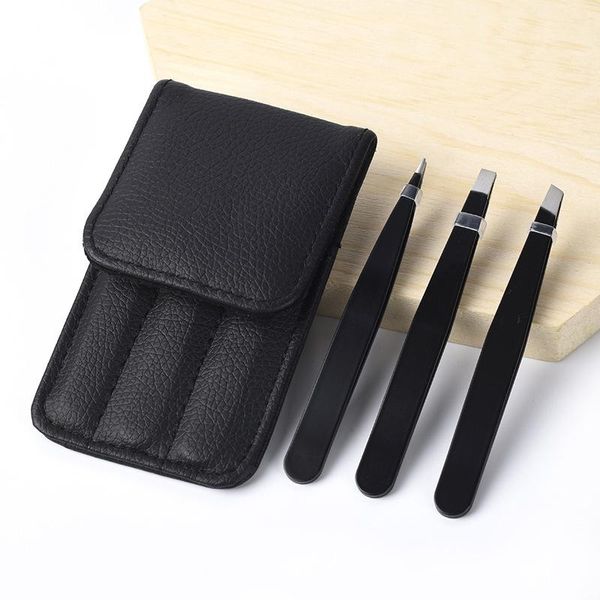 

eyebrow tools & stencils 3 pcs/set tweezers stainless steel point tip/slant tip/flat tip hair removal makeup accessory with black bag case
