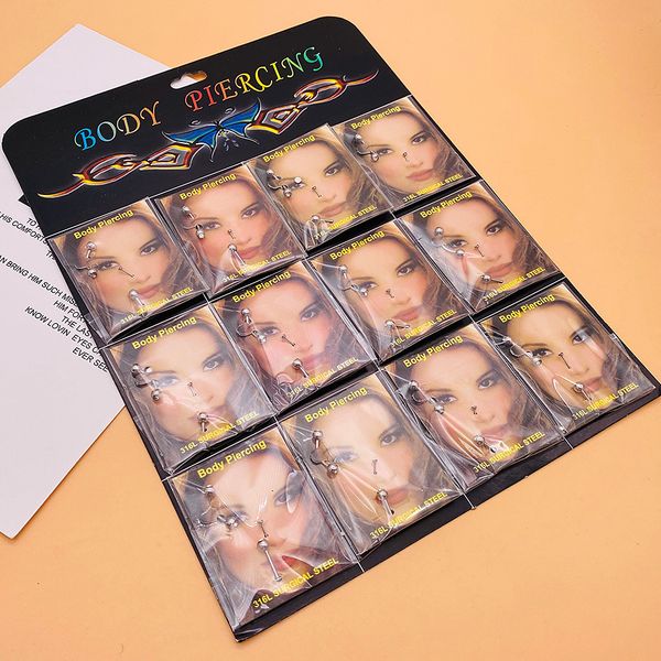 

12 packs/lot stainless steel eyebrow nails crystal nose ring labret lip piercing jewelry set women girl new gift, Black