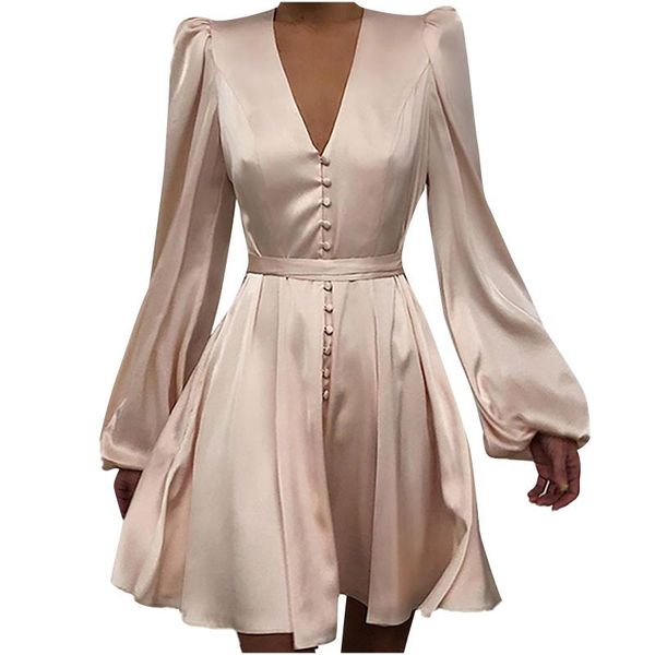 

casual dresses ladies vintage party satin v-neck temperament slim button lace-up lantern sleeve dress woman midi femme, Black;gray
