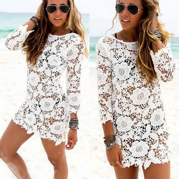 

casual dresses women lace crochet bathing suit swimwear beach solid hollow out summer cold mini dress sundress, Black;gray
