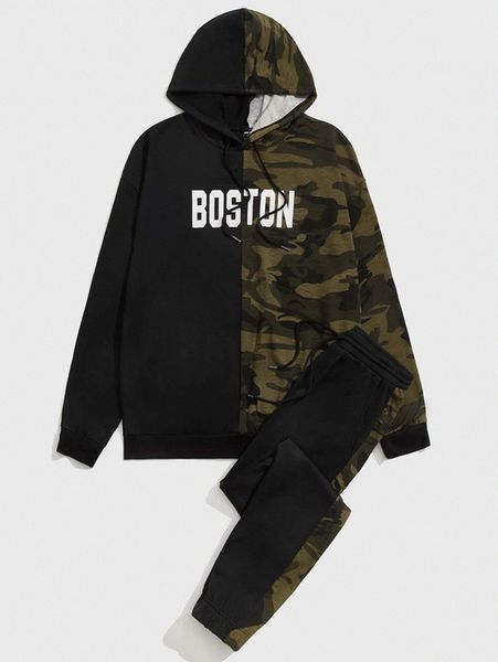 

men letter & camo graphic hoodie & sweatpants set j4y0#, Gray
