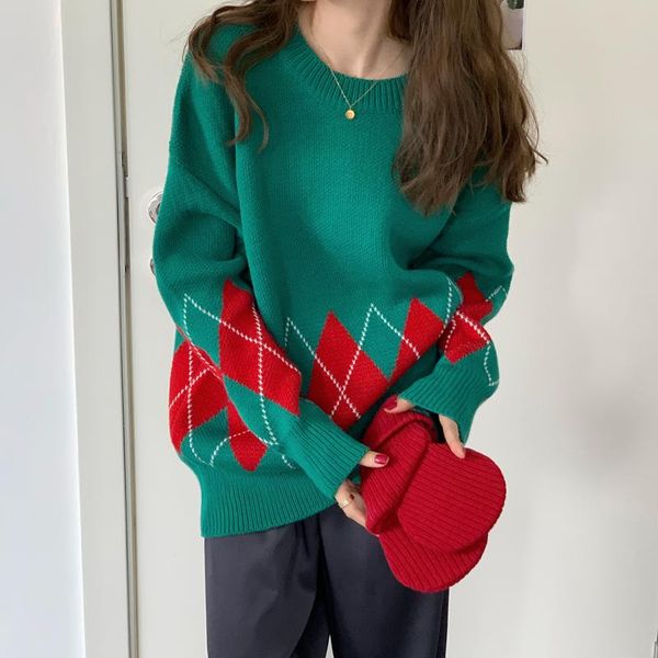 

women's sweaters christmas checked sweater loose retro autumn and winter pullover red ugly female, White;black