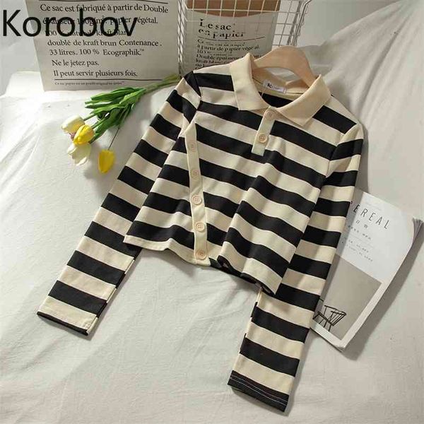 

korobov preppy style streetwear striped knit pullovers korean turn-down collar long sleeve crop sweaters vintage jumper femme 210430, White;black