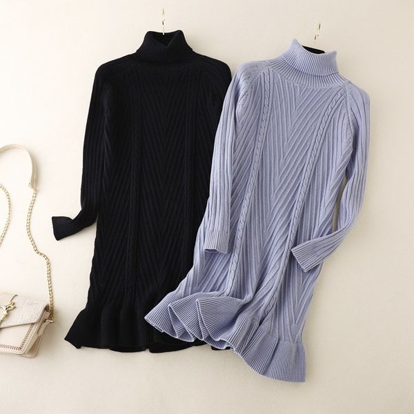 

casual dresses singiny feminine turtleneck knit dress korean fashion long sleeve frilly dress winter streetwear thick sweater dress fqcm, Black;gray