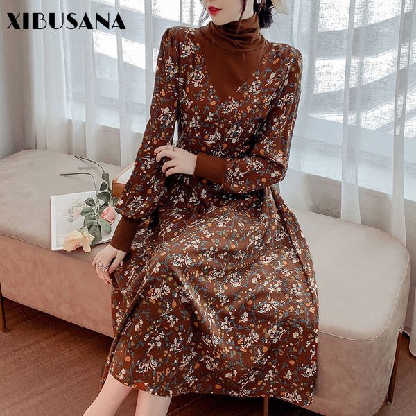 

french retro long sleeve turtleneck bottoming dresses spring patchwork women chiffon maxi dress vestido de mujer vestido 210423, Black;gray